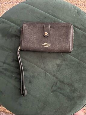 Coach Black Pebbled Leather Wristlet with Gold Logo